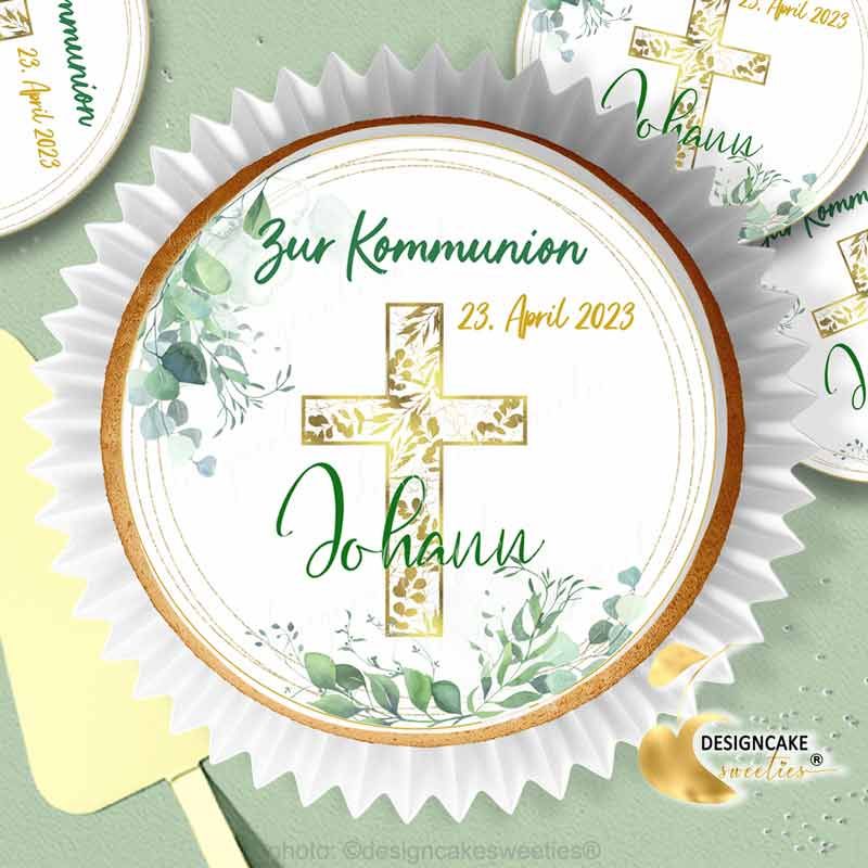 Muffinaufleger Kommunion Konfirmation Kreuz in Gold grüne Blätter